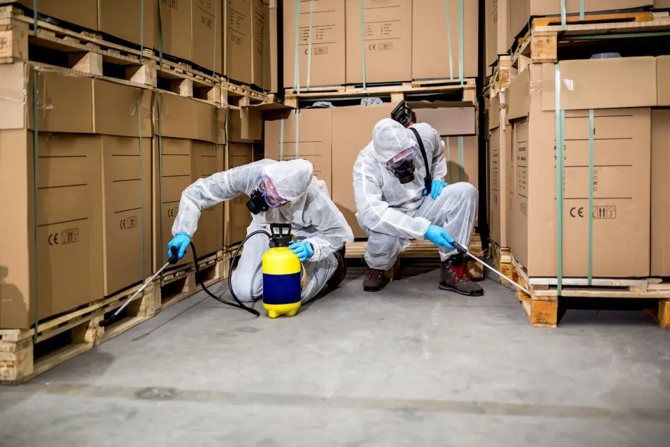 Commercial pest control treatment in a warehouse